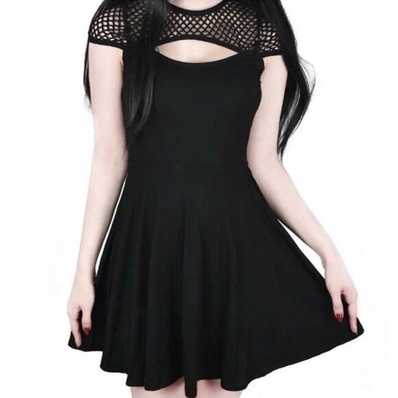 Killstar Size XXL Absinthe Skater Dress Fishnet Yoke Keyhole Cutout Black Goth - Picture 1 of 11
